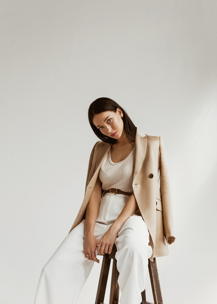 Girl,In,A,Beige,Jacket,Fashion,On,A,White,Background