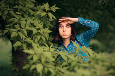 Curious,Jealous,Woman,Spying,From,Bushes.,Funny,Undercover,Girl,Stalking