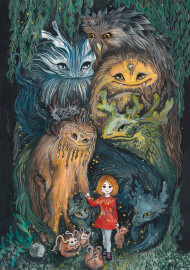 Young,Girl,Walking,In,The,Dark,Forest,,Two,Trolls,Or