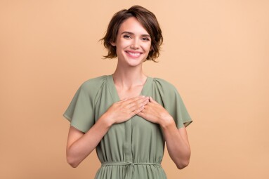 Photo,Of,Positive,Glad,Thankful,Lady,Hands,Chest,Beaming,Smile