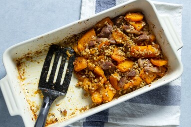 Pumpkin,Barley,Meat,Bake,In,Oven,On,Table.,Home,Food.