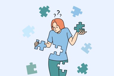 Confused,Young,Woman,With,Jigsaw,Puzzles,Rebuild,Personality,Or,Identity.