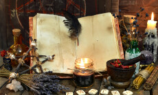 Old,Witch,Book,With,Empty,Pages,,Lavender,Flowers,,Pentagram,And