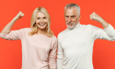 Smiling,Cheerful,Strong,Couple,Two,Friends,Elderly,Gray-haired,Man,Blonde