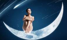 Healthy,Woman,Sitting,On,Shiny,Moon