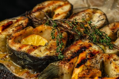 Delicious,Grilled,Sturgeon,Fish,Steaks.,Food,Recipe,Background.,Close,Up.
