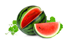 Whole,And,Slices,Watermelon,With,Green,Leaves,Isolated,On,White