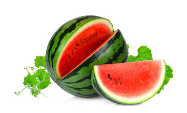 Whole,And,Slices,Watermelon,With,Green,Leaves,Isolated,On,White