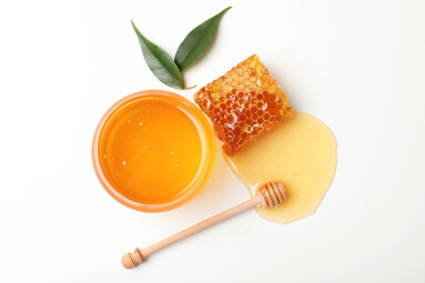 Composition,With,Fresh,Honey,On,White,Background,,Top,View