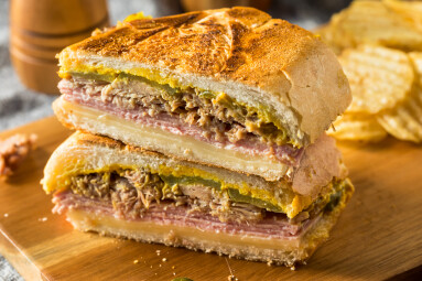 Hearty,Homemade,Cubano,Pork,Sandwich,With,Ham,Cheese,And,Mustard