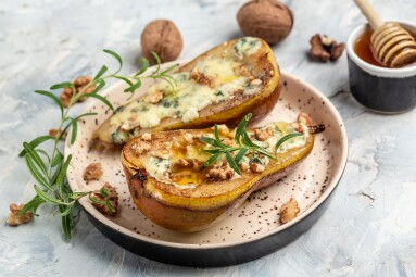 Pears,Baked,With,Blue,Cheese,,Nuts,,Honey.,Food,Recipe,Background.