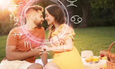 Horoscope,Compatibility.,Loving,Couple,Outdoors,And,Zodiac,Wheel