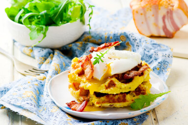 Potato,Waffle,With,Bacon,And,Egg,On,A,Plate.style,Rustic