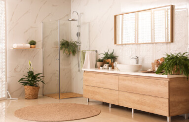 Stylish,Bathroom,Interior,With,Countertop,,Shower,Stall,And,Houseplants.,Design