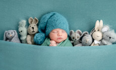 Beautiful,Newborn,Sleeping,With,Knitted,Toys