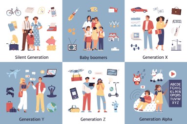 Generations,Set,Of,Six,Square,Compositions,With,Isolated,Icons,And