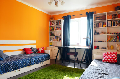 Kids,Bedroom,In,Orange,And,Blue,Colors,With,Two,Beds