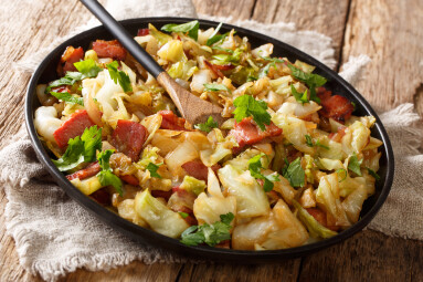 Appetizer,Of,Fried,White,Cabbage,With,Bacon,Closeup,On,A