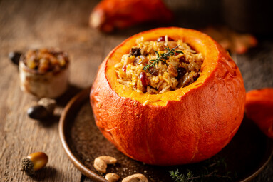 Tasty,Baked,Pumpkin,Stuffed,With,Rice,,Vegetables,,Cashews,And,Dried