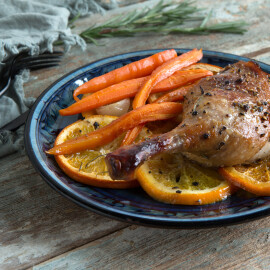 Plate,With,Duck,Leg,Baked,With,Oranges,And,Carrots,On