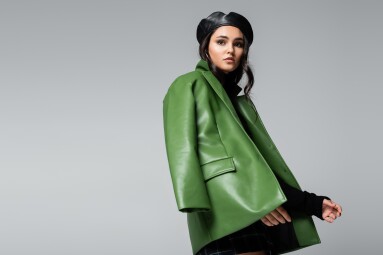 Young,Trendy,Woman,In,Black,Beret,And,Green,Leather,Jacket