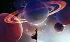 Space,Background,For,Astrology,,A,Woman,Touches,The,Planet.,Futuristic