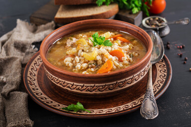 Barley,Soup,With,Carrots,,Tomato,,Celery,And,Meat,On,A