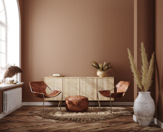 Home,Interior,With,Ethnic,Boho,Decoration,,Living,Room,In,Brown