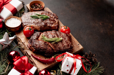 Christmas,Dinner,For,Two,,Grilled,Beef,Steak,,Ribeye,,Greens,And