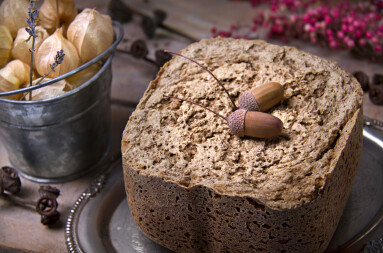 Selective,Focus,Of,Artisan,Bread,With,Acorns,,Physalis,In,The