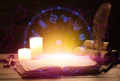 Open,Book,,Candles,And,Astrological,Signs,On,Table,Against,Dark