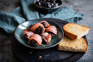 Roasted,Dried,Plums,Wrapped,In,Bacon,Slices