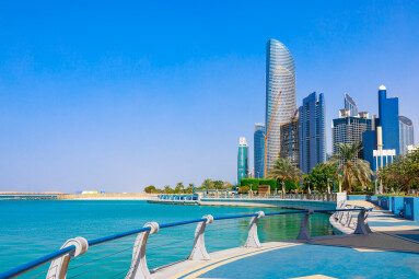 Skyline,View,Of,Abu,Dhabi,Panorama,With,Sea,,Beach,And