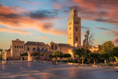 Landscape,With,Koutoubia,Mosque,At,Sunset,Time,,Marrakesh,,Morocco
