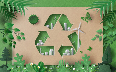 Recycle,Symbol,With,Many,Building,And,Green,Leaves,,Save,The