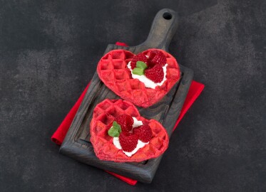 Valentine's,Day,Dessert.,Two,Red,Heart-shaped,Waffles,With,Cream,Cheese,
