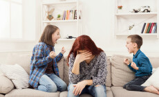Kids,Having,Quarrel,Over,Tired,Mother.,Mom,Is,Depressed,By