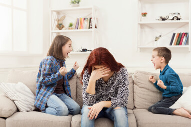 Kids,Having,Quarrel,Over,Tired,Mother.,Mom,Is,Depressed,By