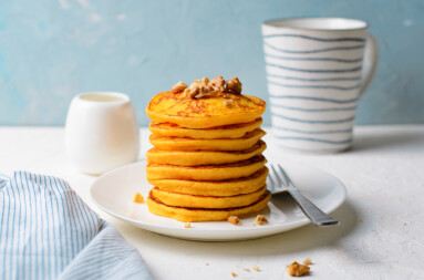 Pumpkin,Or,Carrot,Pancakes,With,Nuts,,Stack,Of,Homemade,Pancakes