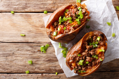 Baked,Sweet,Potatoes,Stuffed,With,Ground,Beef,With,Tomatoes,And