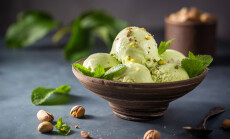Homemade,Pistachio,Ice,Cream,Scoop,With,Chopped,Pistachios,On,Gray