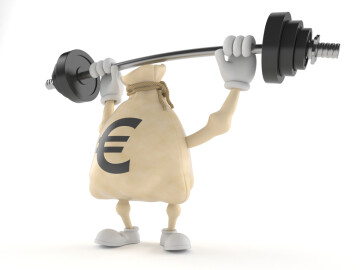 Euro,Money,Bag,Character,Lifting,Heavy,Barbell,Isolated,On,White