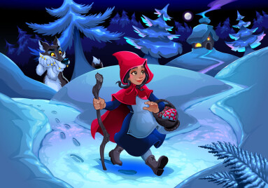 Little,Red,Riding,Hood,Walking,In,The,Wood.,Vector,Fantasy