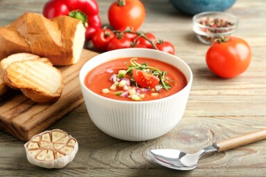 Bowl,With,Tasty,Gazpacho,On,Wooden,Background