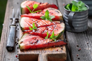 Sweet,Burned,Watermelon,With,Red,Pepper,And,Mint.,Grilled,Watermelon