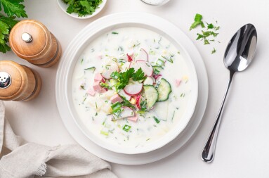 Cold,Vegetable,Soup,Okroshka,On,A,White,Background.,Top,View,