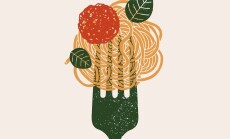 Spaghetti,Pasta,On,A,Fork.,Pasta,With,Meatball.,Textured,Vintage