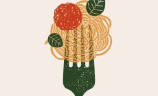 Spaghetti,Pasta,On,A,Fork.,Pasta,With,Meatball.,Textured,Vintage