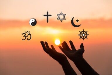 Religious,Symbols.,Christianity,Cross,,Islam,Crescent,,Buddhism,Dharma,Wheel,,Hinduism