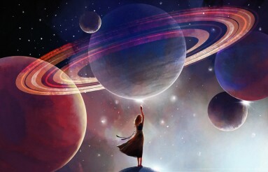 Space,Background,For,Astrology,,A,Woman,Touches,The,Planet.,Futuristic